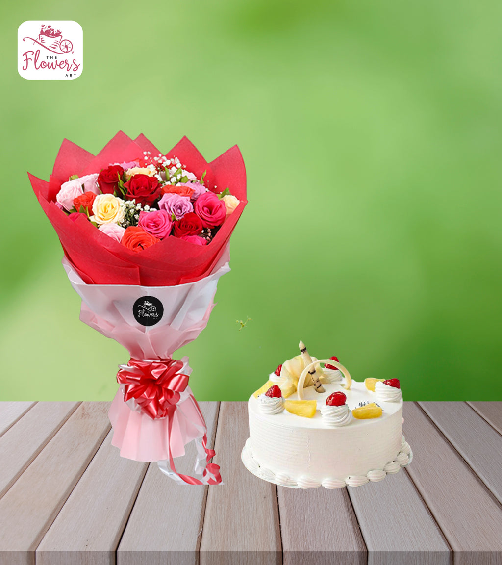 Mixed Rose Charm & Pineapple Cake